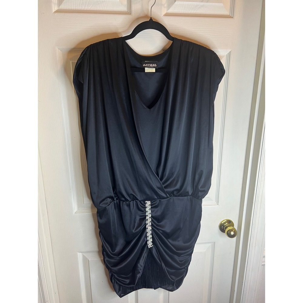 Vintage Mayvens of California Dress Black‎ draped v-neck ruched skirt fringe S13